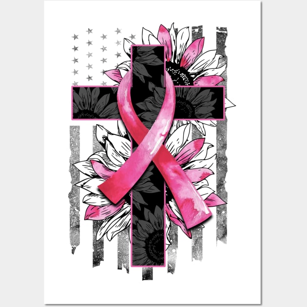 Breast Cancer ribbon with Cross & Flag Wall Art by MonarchGraphics